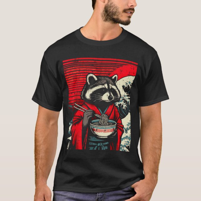 T-shirt Raccoon Kimono Eating Ramen Japanese Food Art Men  (Devant)