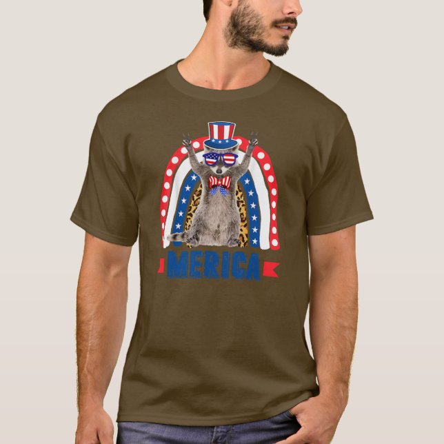 T-shirt Raccoon Rainbow Leopard Merica Flag 4th of July (Devant)