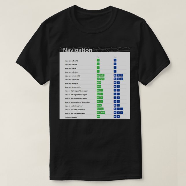 T-shirt Raccourcis clavier Excel de navigation (Design devant)