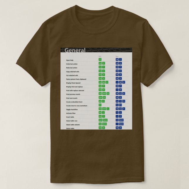 T-shirt Raccourcis clavier Excel général Raccourcis clavie (Design devant)