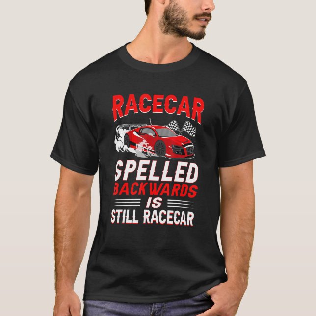 T-shirt Racecar épelé à l'envers piste de course Pit Crew  (Devant)