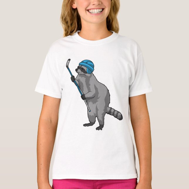 T-shirt Racoon au hockey sur glace avec bâton de hockey su (Devant)