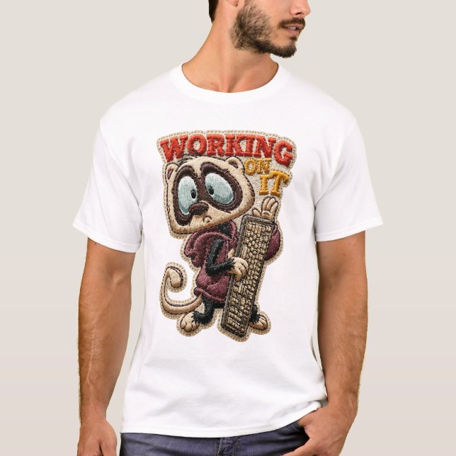T-shirt Racoon Drôle au Clavier Brodé en Style de Patch  (Devant)