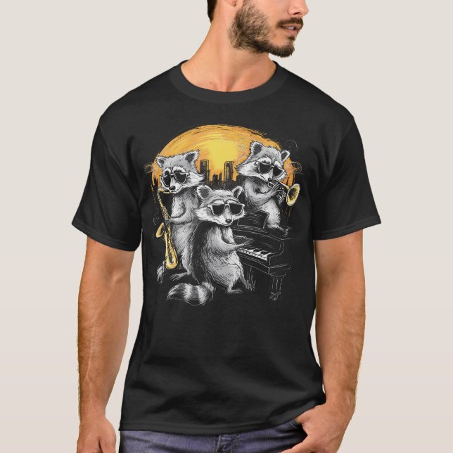 T-shirt Racoon Music Band Jazz Lover Saxophone Trumpet Pia (Devant)