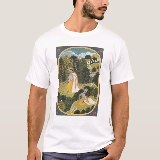 T-shirt Radha et Krishna marchant dans un verger (Devant)