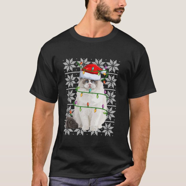 T-shirt Ragdoll Chat Feux de Noël Reindeer Santa Hat Ug (Devant)