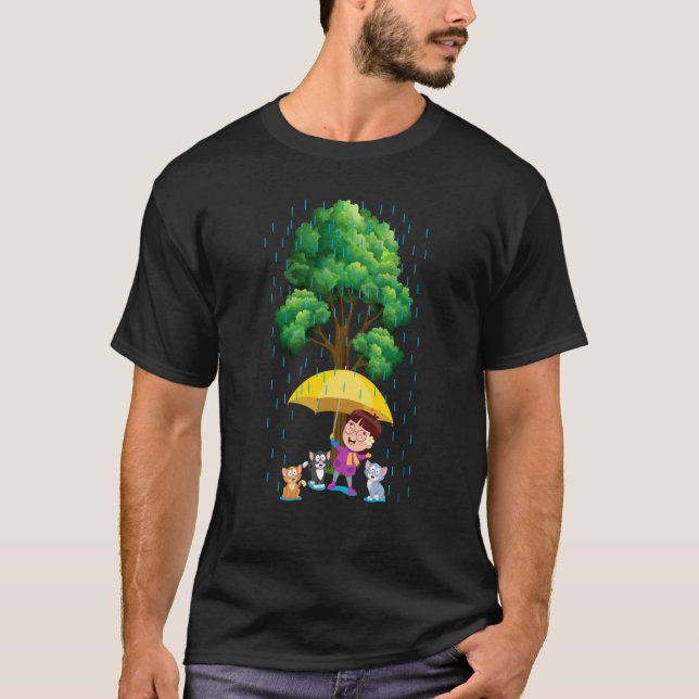 T-shirt rain cats umbrella girl happy cute (Devant)