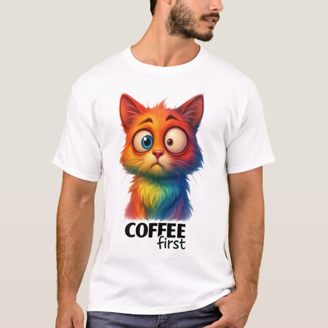 T-shirt Rainbow Cat Coffee First Funny Art (Devant)