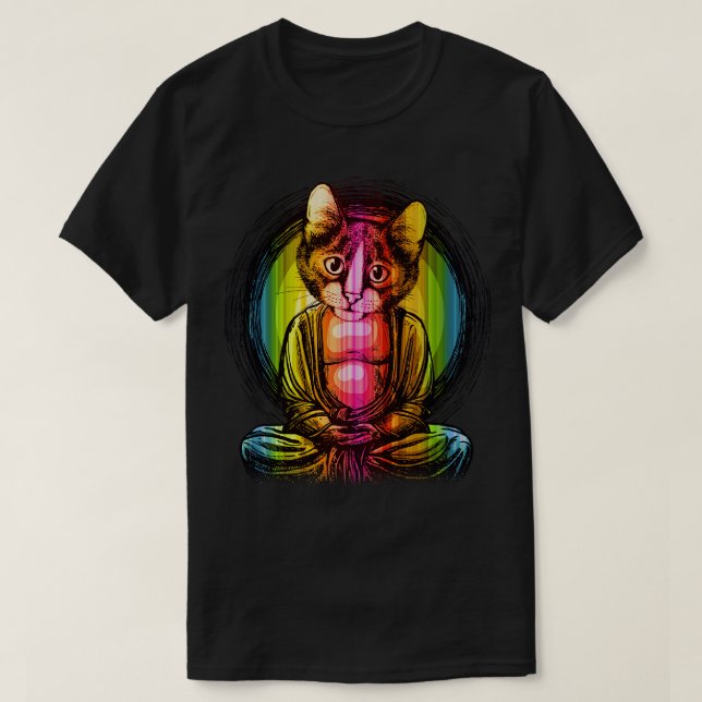 T-shirt Rainbow Chat Bouddha Cute Zen Méditation Bouddhist (Design devant)