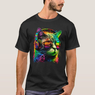 T-shirt Rainbow Dj Chat Avec Casque Et Lunettes De Soleil