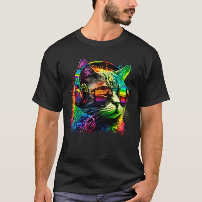 T-shirt Rainbow Dj Chat Avec Casque Et Lunettes De Soleil (Devant)
