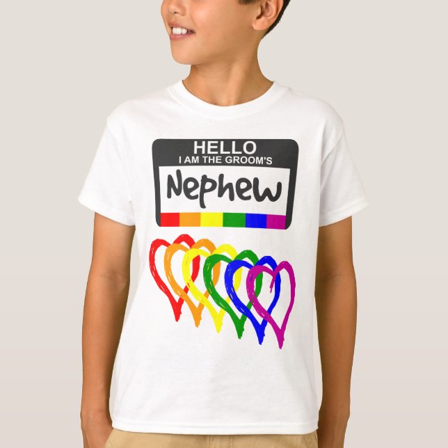 T-shirt Rainbow Flag Hearts Groom Nephew Name Badge (Devant)