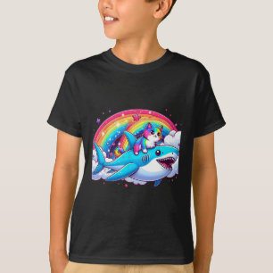 T-shirt Rainbow Galaxy Chat équitation Requin dans l'espac