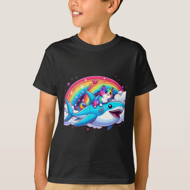 T-shirt Rainbow Galaxy Chat équitation Requin dans l'espac (Devant)