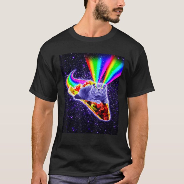 T-shirt Rainbow Laser Eyes Galaxy Cat Riding Taco T Shirt (Devant)
