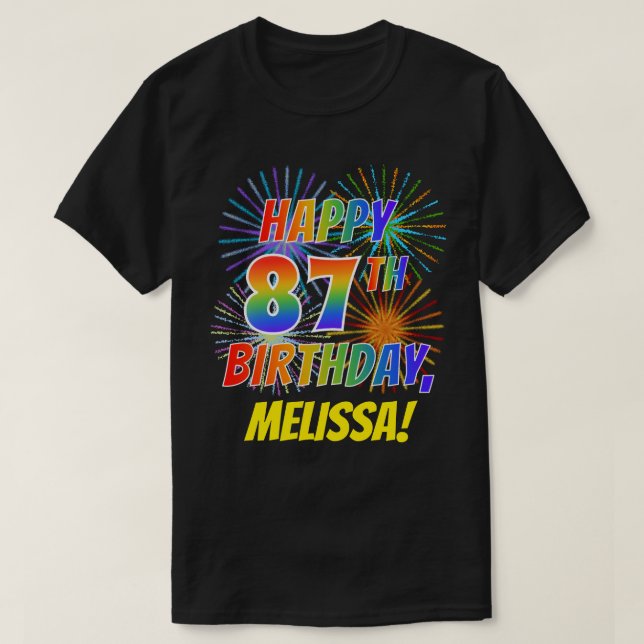 T-shirt Rainbow Look HAPPY 87E ANNIVERSAIRE; Fireworks + N (Design devant)