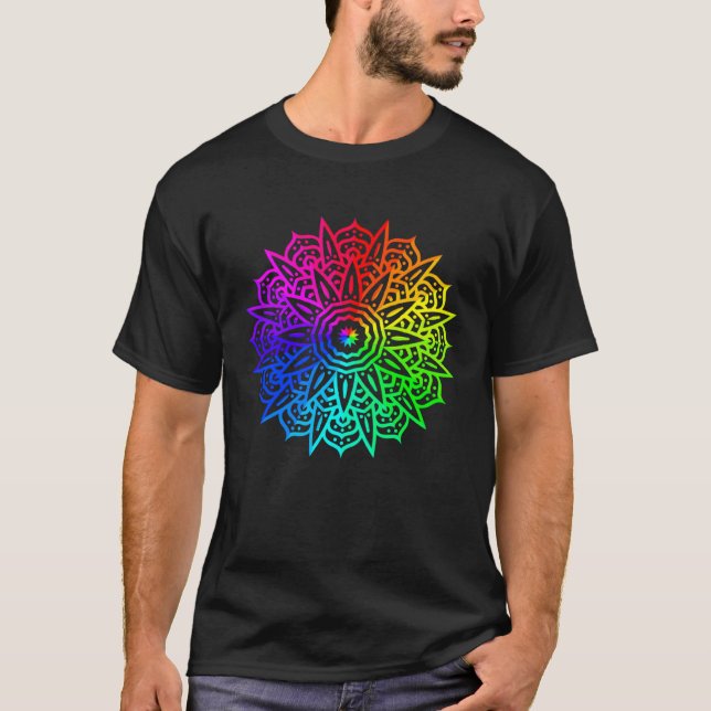 T-shirt Rainbow Mandala Lotus Flower Sacred Geometry Yoga  (Devant)