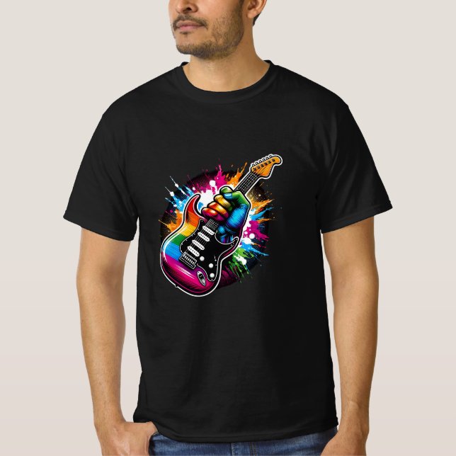 T-shirt Rainbow Rock explosion vive guitare poing (Devant)