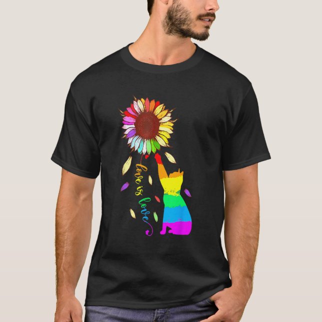 T-shirt Rainbow Sunflower Cat Love Is Love LGBT Gay Lesbia (Devant)