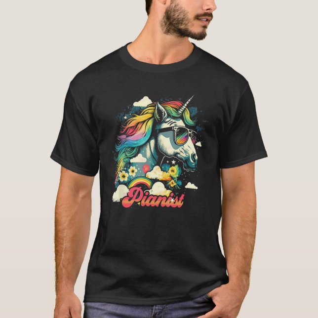 T-shirt Rainbow Unicorn Pianist Piano (Devant)
