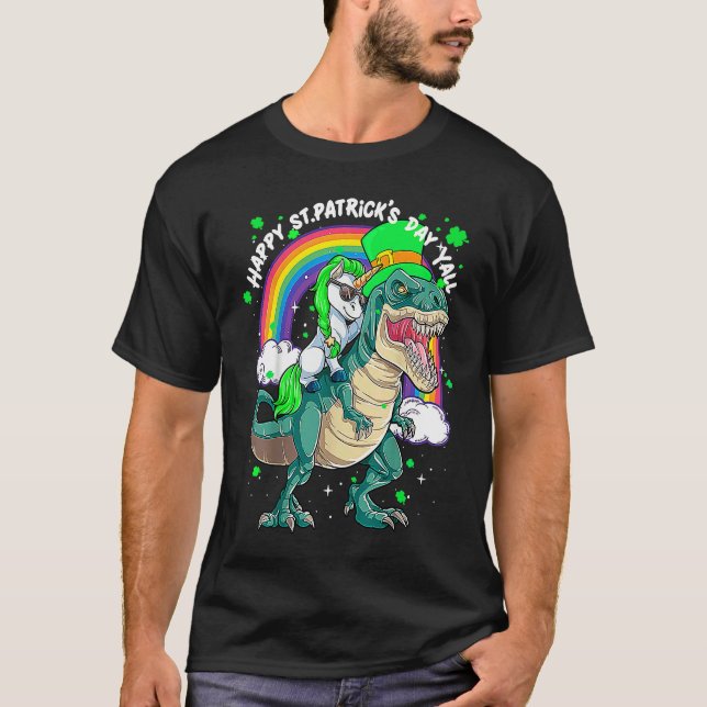 T-shirt Rainbow Unicorn Riding rex Dinosaur happy St patri (Devant)
