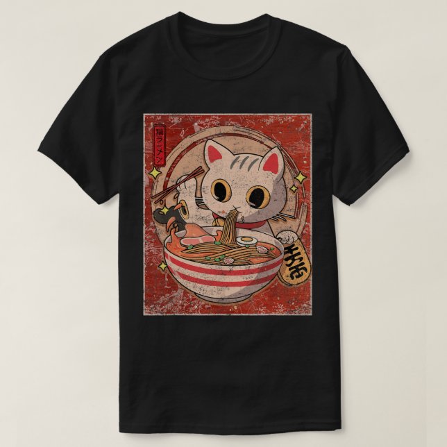 T-shirt Ramen Cat Kawaii Anime Japonais Alimentation Gift  (Design devant)