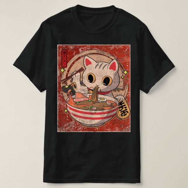 T-shirt Ramen Cat Kawaii Anime Japonais Alimentation Gift  (Design devant)