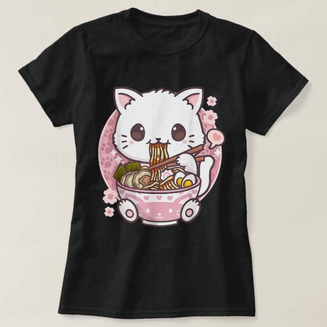 T-shirt Ramen Cat Kawaii Anime Ramen Cat Amoureux de les c (Design devant)