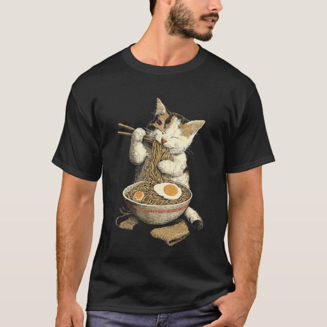 T-shirt Ramen de style japonais Chat mignon mangeant des n (Devant)