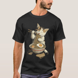 T-shirt Ramen de style japonais Mignon chat mangeant des n