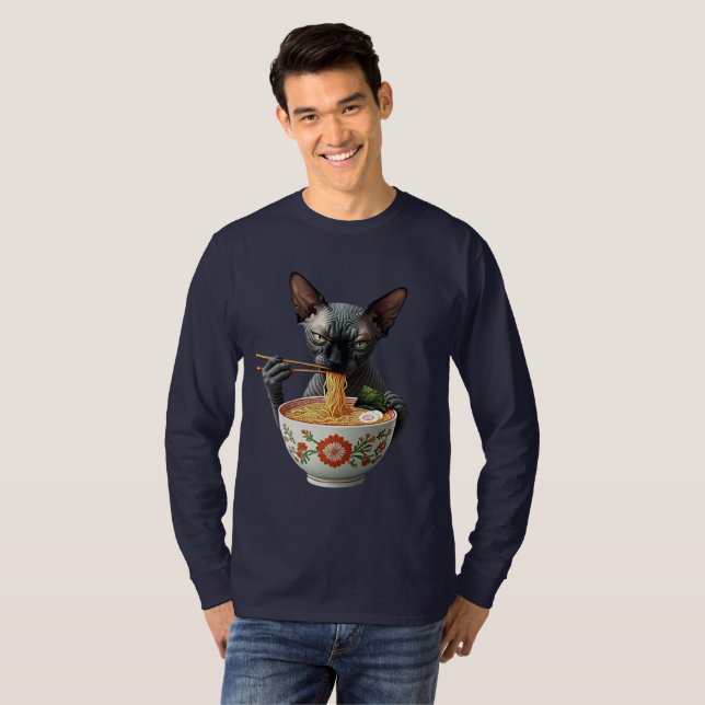 T-shirt Ramen et chats Sphynx sans cheveux noir Chat Homme (Devant entier)
