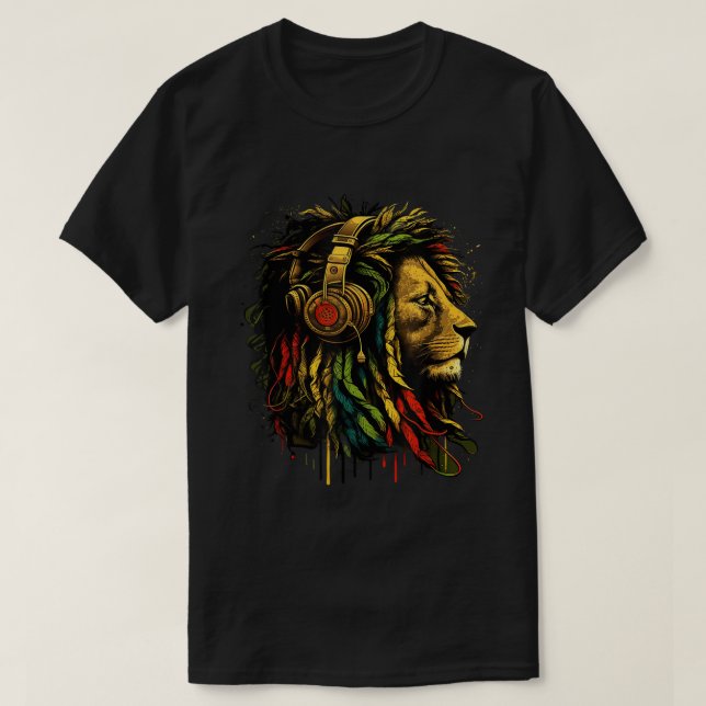 T-shirt Rasta Reggae Lion With Headphones Art (Design devant)