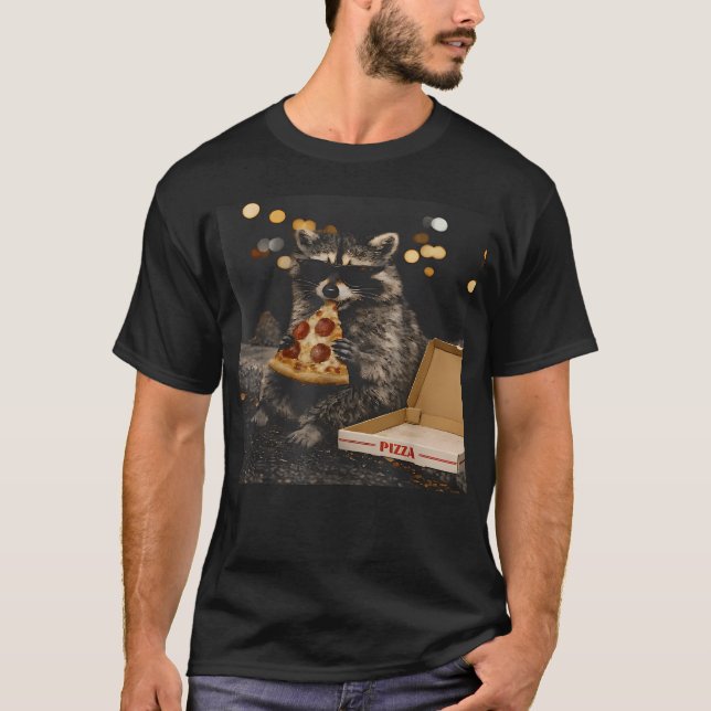T-shirt Raton laveur cool mangeant une pizza, drôle d'anim (Devant)