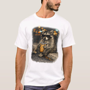 T-shirt Raton laveur drôle buvant un café glacé Mème d'ani