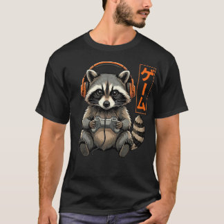 T-shirt Raton laveur joueur mignon Manette de jeu en kanji