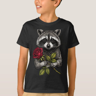 T-shirt Raton laveur mignon tenant une rose rouge Raton la