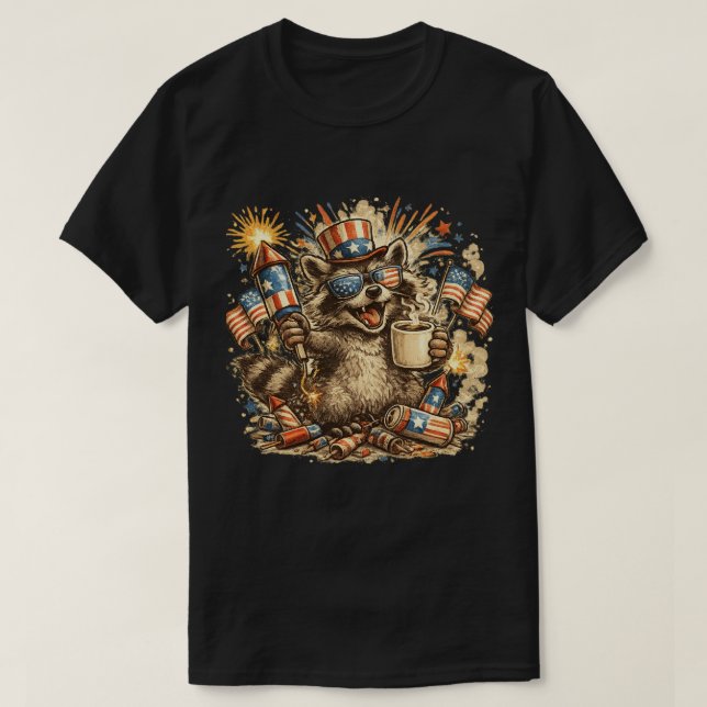 T-shirt Raton laveur patriotique Feux d'artifice C (Design devant)