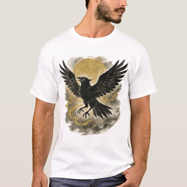 T-shirt 【Raven and Golden Moon Japanese Ink Art T-Shirt】 (Devant)