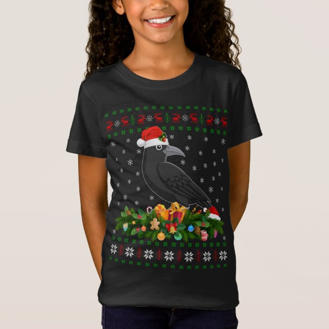 T-Shirt Raven Crow Oiseau Amant Noël Chapeau de Noël Vilai (Devant)