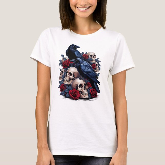 T-shirt Ravins et Roses : conception gothique du crâne (Devant)