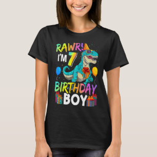 T-shirt Raw I'm 7 Birthday Boy Funny Dinosaur Air Balloon