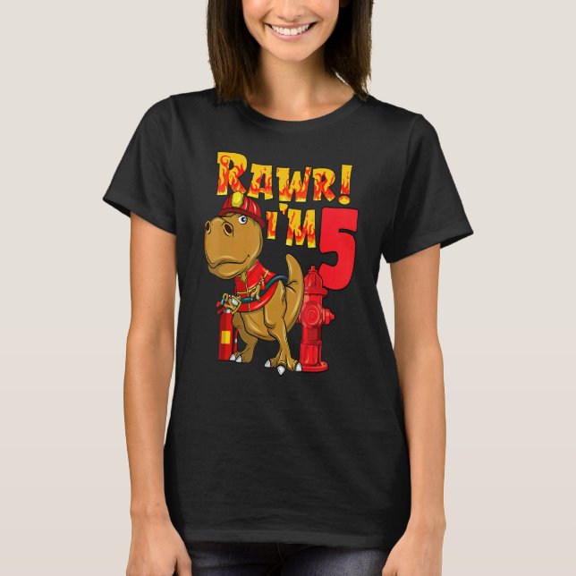 T-shirt Rawr Im 5 Dinosaur Pompier 5e anniversaire Garçon  (Devant)