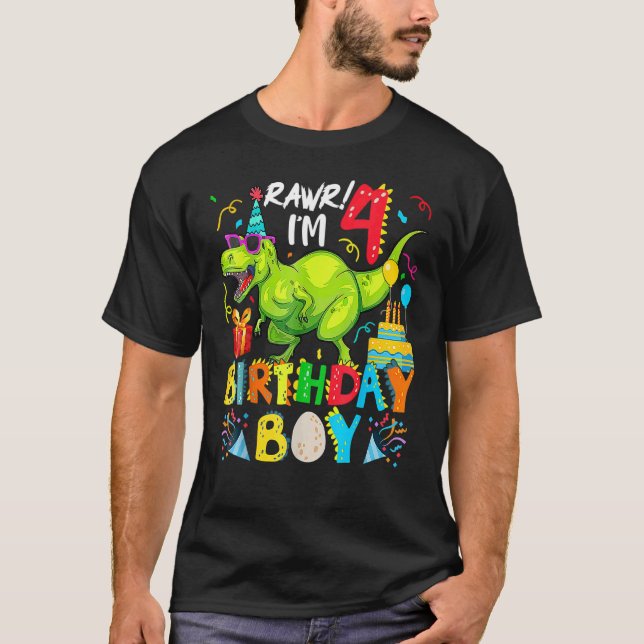 T-shirt Rawr Je suis 4e anniversaire garçon Dinosaur Rex 4 (Devant)