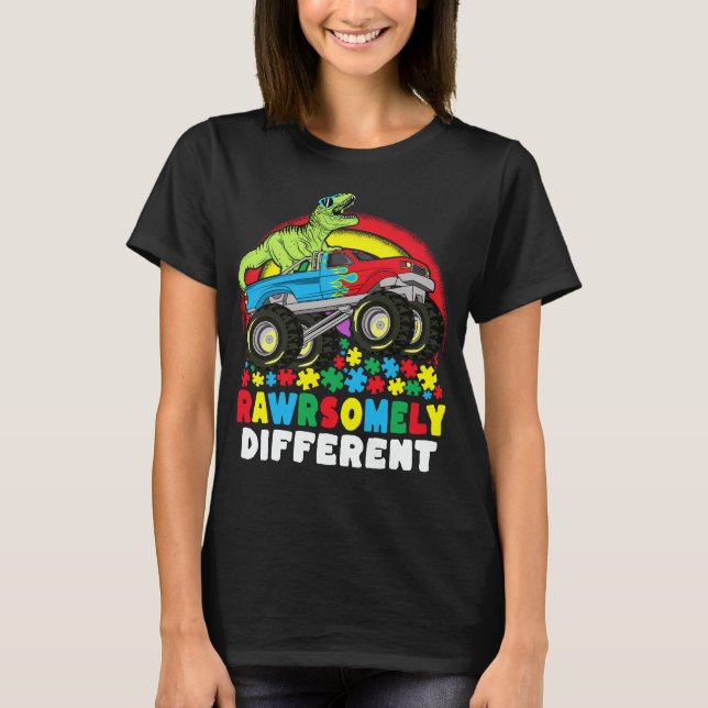 T-shirt Rawrsomement Différent T Rex Monster Truck Autisme (Devant)