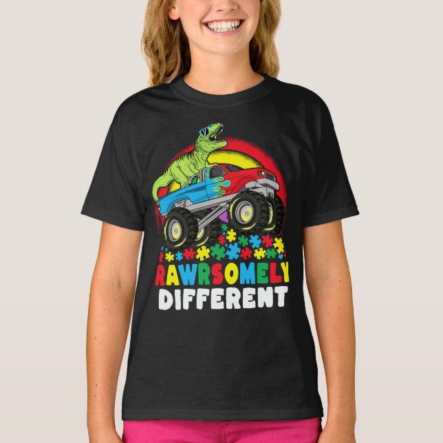 T-shirt Rawrsomement Différent T Rex Monster Truck Autisme (Devant)