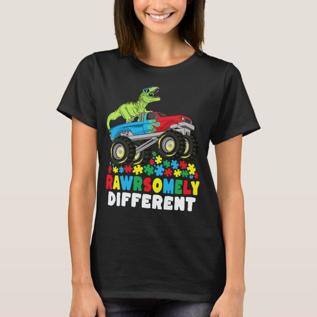 T-shirt Rawrsomement Différent T Rex Monster Truck Autisme (Devant)