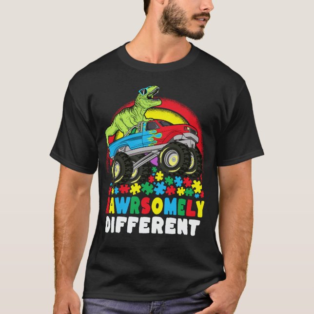 T-shirt Rawrsomement Différent T Rex Monster Truck Autisme (Devant)