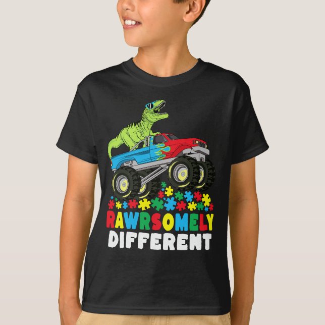 T-shirt Rawrsomement Différent T Rex Monster Truck Autisme (Devant)