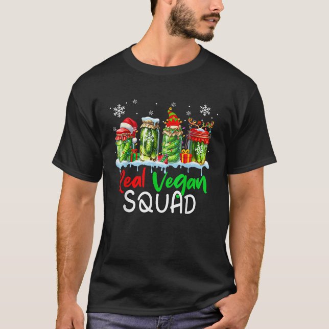 T-shirt Real Vegan Squad Santa Elf Reindeer Pickle Cans Xm (Devant)