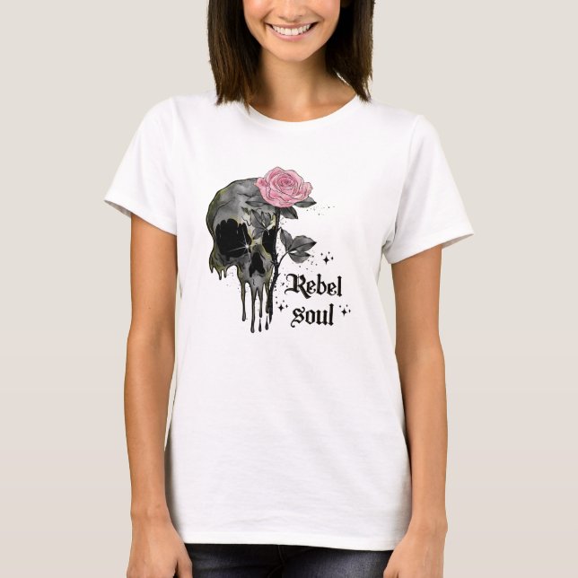 T-shirt Rebel Soul - Crâne gothique avec Rose rose (Devant)